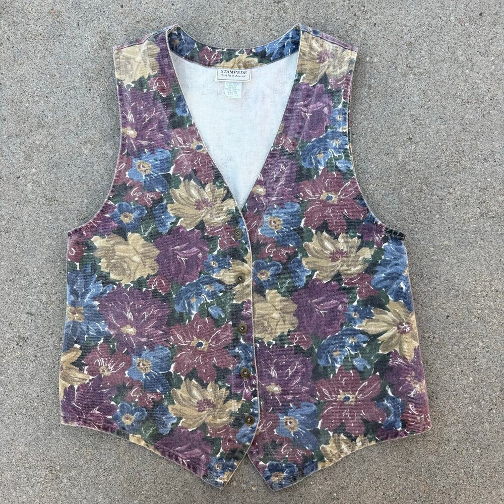Vintage 90s Stampede Muted Floral Canvas Western Cottagecore Dress Vest MEDIUM